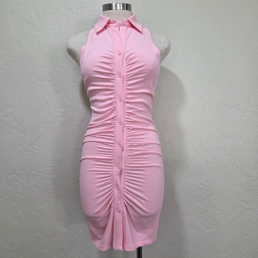 Pink Bodycon Ribbed Halter Button Down‎ Dress